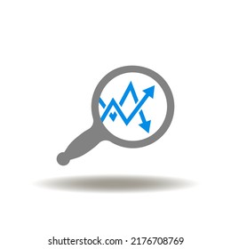 Vector Illustration Of Magnifying Glass With Growth And Fall Charts. Icon Of Business Finance Data Analytics, Investment, Risk. Sign Of Volatile Money. Symbol Of Volatility Index Analysis.