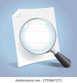 A vector illustration of a magnifying glass hovering over a document, symbolizing careful examination, reading the fine print, auditing, or searching for information. Commonly used in legal, financial, and investigative graphics or business-related contexts.