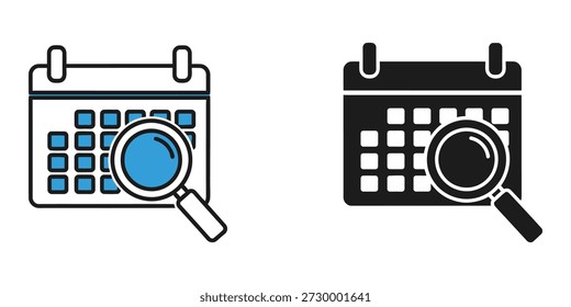 Ilustración vectorial de una lupa inspeccionando un calendario, destacando fechas y eventos importantes. Perfecto para temas de programación y planificación.