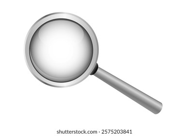 Vector illustration of a magnifying glass with metal handle and transparent lens. Suitable for design on the theme of search, research, investigation or discovery, as well as for interface icons.