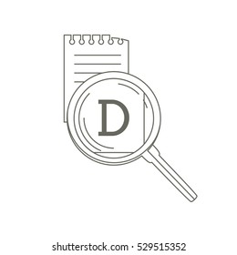 Vector illustration with magnifying glass and note. Symbol of ques. Icon for detective genre in flat line style