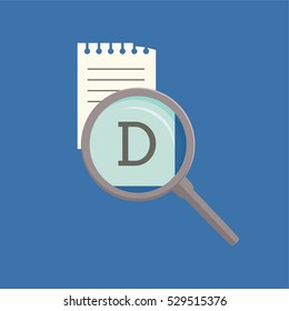 Vector illustration with magnifying glass and note. Symbol of quest. Icon for detective genre