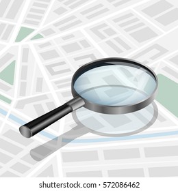 Vector illustration. Magnifying glass on a city map. Design for mobile apps, banner. Isometric. 3D