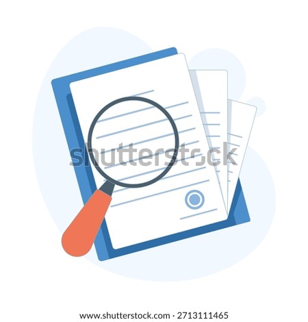 Vector illustration of a magnifying glass over a document, representing evidence analysis, document review, investigation, and research concept in flat design.