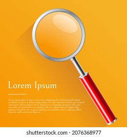 Vector illustration of a magnifying glass with place for text adn orange background. Modern background web banner