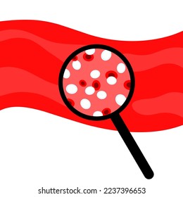 Vector illustration of a magnifying glass with red blood on a white background. Lack of red blood cell count. Amemia concept.