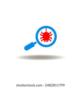 Ilustración vectorial de lupa con araña. Signo de la red oscura. Símbolo de trabajo antivirus. Icono de virus de búsqueda, ataque de hackers.