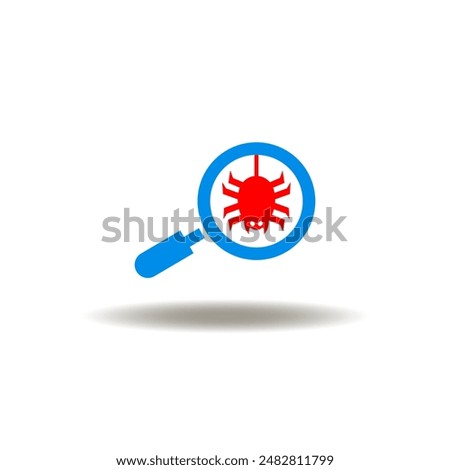 Vector illustration of magnifying glass with spider. Sign of darknet. Symbol of antivirus work. Icon of search virus, hacker attack.
