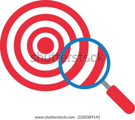 Vector illustration of a magnifying glass magnifying a target. Target shooting. Find opportunities, research objectives. Achievements and accuracy.