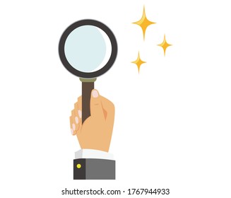 A vector illustration with a magnifying glass in your hand. Loupe icon