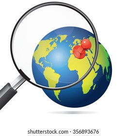 Vector illustration of magnifying glass zooming red push pin on earth globe, vacation tour plan concept
