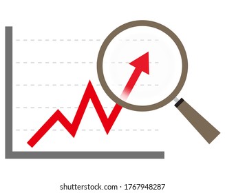 Vector illustration of magnifying graph with magnifying glass. Magnifier icon. Arrow. Stock price rise. Business.