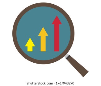 Ilustración vectorial del gráfico de aumento con lupa. Icono de amplificador. Flecha. Aumento del precio de las acciones. Negocios.