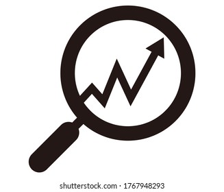 Vector illustration of magnifying graph with magnifying glass. Magnifier icon. Arrow. Stock price rise. Business.