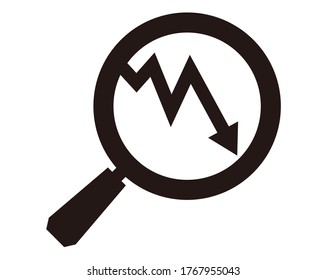 Vector illustration magnifying the graph with a magnifying glass . Loupe icon. Arrow. Stock price. Fall. Business.