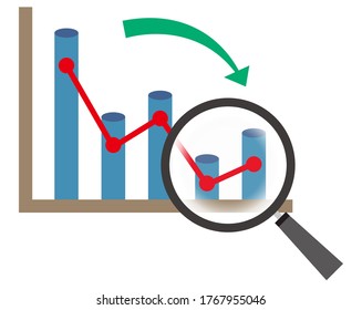 Ilustración vectorial que magnifica el gráfico con una lupa. Icono de Loupe. Flecha. Precio de las acciones. Caer. Negocios.