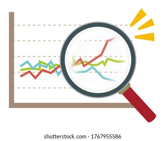 Vector illustration of magnifying graph with magnifying glass. Magnifier icon. Arrow. Stock price rise. Business.