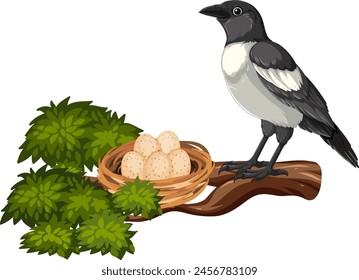 Vector illustration of a magpie near its nest.