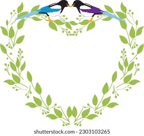 Vector illustration of magpies with heart frame