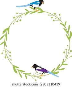 Vector illustration of magpies with wreath border