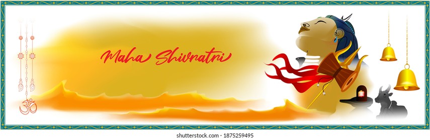 Vector illustration of Maha Shivratri banner with trishula, lingam, bells and God Shiva, Hindu festival Shivratri poster.