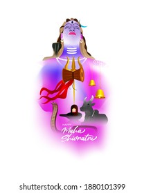 Vector illustration of Maha Shivratri banner with trishula, lingam, bells and God Shiva, Hindu festival Shivratri poster.