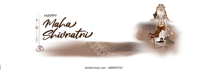 Vector illustration of Maha Shivratri banner with trishula, lingam, bells and God Shiva, Hindu festival Shivratri poster.
