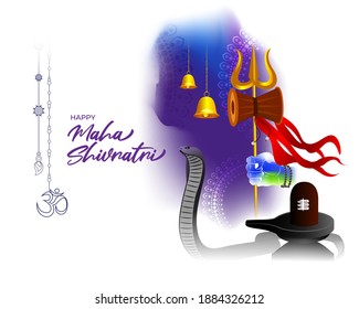 Vector illustration of Maha Shivratri banner with trishula, lingam, bells and God Shiva, Hindu festival Shivratri poster.