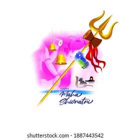 Vector illustration of Maha Shivratri banner, written text means great night fo Shiva, with trishula, lingam, bells and God Shiva, Hindu festival Shivratri poster.