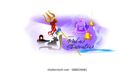 Vector illustration of Maha Shivratri banner, written text means great night fo Shiva, with trishula, lingam, bells and God Shiva, Hindu festival Shivratri poster.