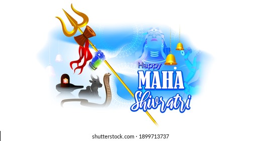 Vector illustration of Maha Shivratri banner with trishula, lingam, bells and God Shiva, Hindu festival Shivratri poster.