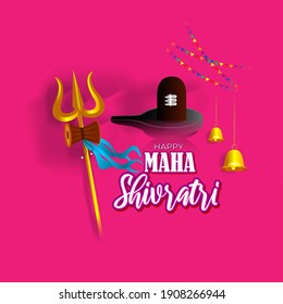 Vector illustration of Maha Shivratri banner with trishula, lingam, bells and God Shiva, Hindu festival Shivratri poster.