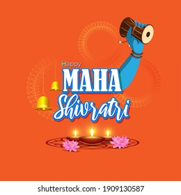Vector illustration of Maha Shivratri banner with trishula, lingam, bells and God Shiva, Hindu festival Shivratri poster.