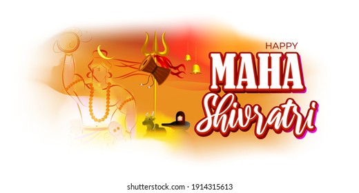 Vector illustration of Maha Shivratri banner with trishula, lingam, bells and God Shiva, Hindu festival Shivratri poster, written text means the great nightly of lord shiva ( Hindu god)