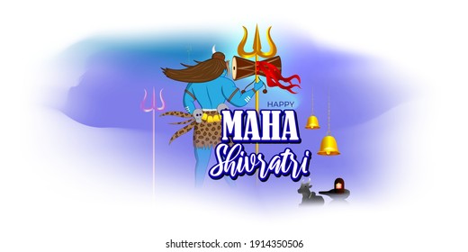 Vector illustration of Maha Shivratri banner with trishula, lingam, bells and God Shiva, Hindu festival Shivratri poster, written text means the great nightly of lord shiva ( Hindu god)