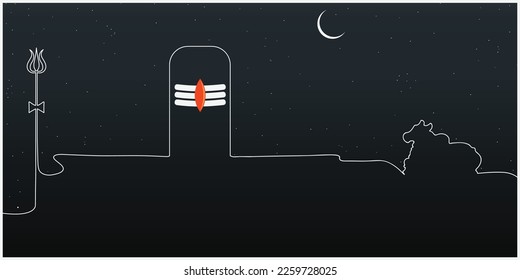 Vector illustration of Maha Shivratri one line art. lingam, trisulam, nandi silhouette background. Greeting card, banner for Hindu festival Maha Shivratri backdrop.