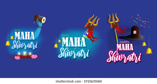 Vector illustration of Maha Shivratri stickers with bells and God Shiva, Hindu festival Shivratri clip art