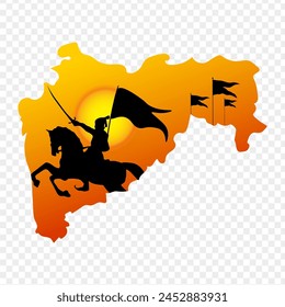 Vector illustration of Maharashtra map with Shivaji Maharaj silhouette on transparent background