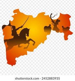 Vector illustration of Maharashtra map with Shivaji Maharaj silhouette on transparent background