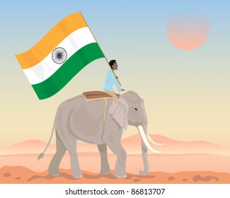 vector illustration of a mahout mounted on his elephant carrying the flag of india in eps 10 format