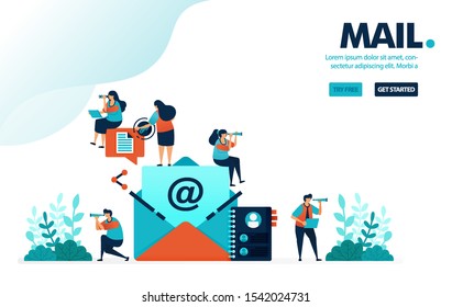 Vector illustration mail & contact. People in pictures of letter or envelope to send and share messages. Inbox from friend list.  