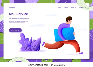 Vector illustration mail delivery concept - cartoon running boy with envelope, isolated on white background. Banner, site, poster template with place for your text.
