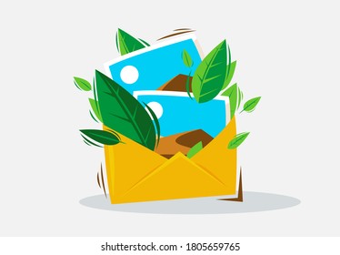Ilustración vectorial de un sobre de correo con imágenes y hojas verdes dentro, abrir el sobre de correo, recibir postales