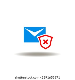 Vector illustration of mail envelope and shield with cross sign. Icon of cache spam. Symbol of mail protection.