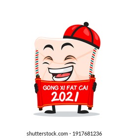 vector illustration of mail mascot or character holding red scroll and says happy chinese new year 2021