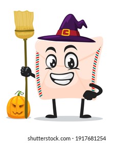 vector illustration of mail mascot or character wearing witch costume and holding broom