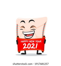vector illustration of mail mascot or character holding red scroll and say happy new year