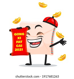 vector illustration of mail mascot or character holding red scroll and says happy chinese new year 2021