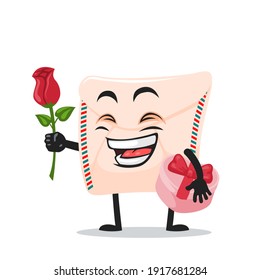 vector illustration of mail mascot or character give flower and holding pink gift