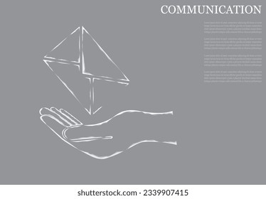 Vector illustration of mail on hand. Email icon. Receiving messages. Email message icon on gray background.
